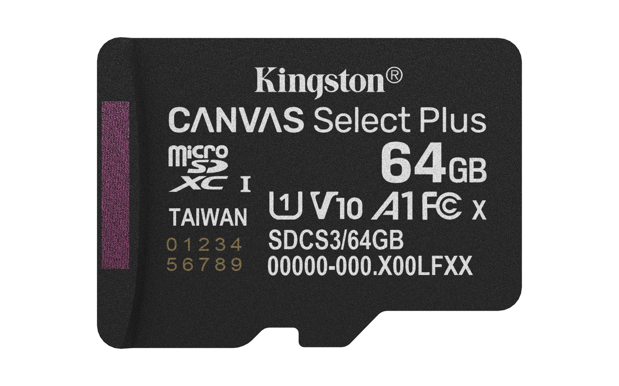 Black microSDXC card with purple accents, labeled "Kingston" and "Canvas Select Plus," featuring 64GB capacity, A1 performance class, and V10 video speed rating.