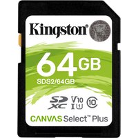 Kingston 64GB SDXC Canvas Select Plus card, black with green and white label, featuring speed class icons.