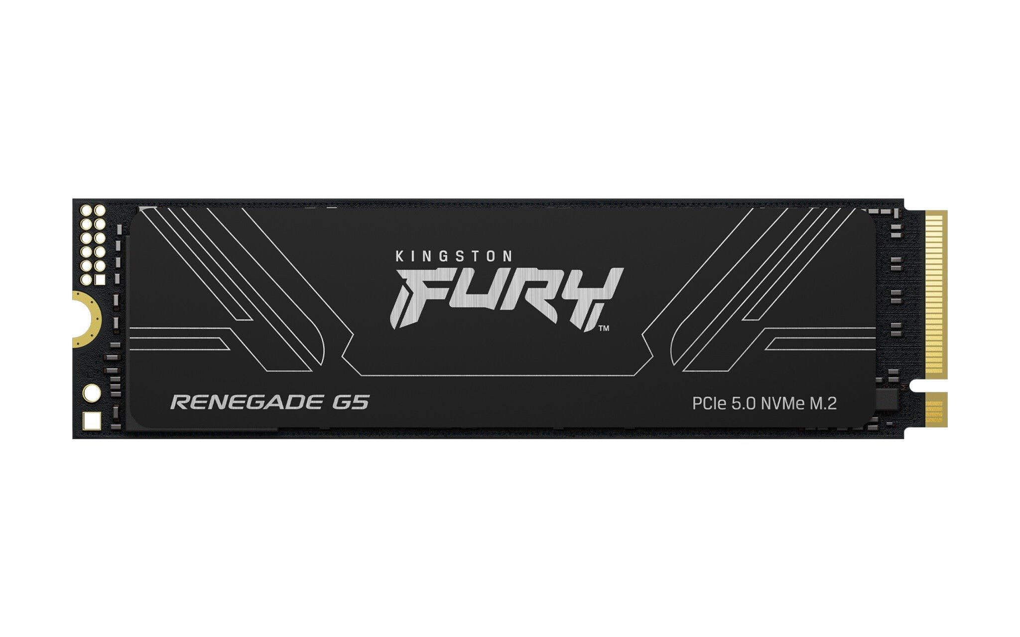 Black Kingston FURY RENEGADE G5 M.2 2280 NVMe SSD with sleek design, featuring PCIe 5.0 technology and gold connector pins.