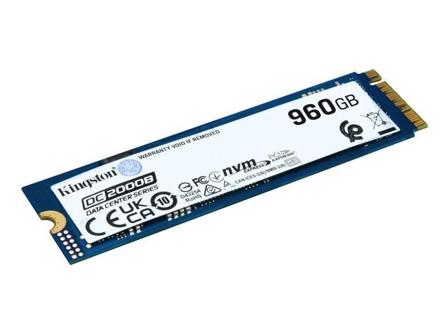 Blue and silver Kingston Technology 960G DC2000B PCIe 4.0 M.2 2280 Enterprise SSD, featuring a sleek design with a white label displaying capacity and certification details.