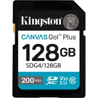Kingston Canvas Go! Plus 128GB SDXC card, black with white label, blue accents, 200MB/s, UHS-I U3 V30 logos.