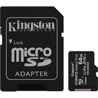Black Kingston 64GB microSDXC card with adapter, white text, and A1 C10 rating.