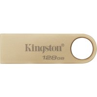 Kingston 128GB USB 3.2 flash drive, metallic gold finish, rectangular with a circular keyring hole.