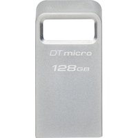 Silver Kingston DataTraveler USB 3.2 flash drive, 128GB, compact metal design with rectangular loop handle.