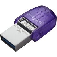 Purple and silver Kingston 128GB USB drive with dual USB-A and USB-C connectors, compact design.