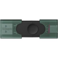 Black Kingston USB drive with dual USB-A and USB-C connectors, green translucent cap covers.