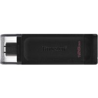 Black Kingston USB-C flash drive, 128GB, with transparent cap and red text on the side.