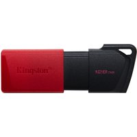 Black and red Kingston USB flash drive, 128GB, USB3.2 Gen1, with a protective cap and keyring loop.