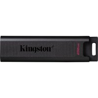 Black Kingston USB 3.2 Gen 2 flash drive with textured surface and red "DataTraveler" text.