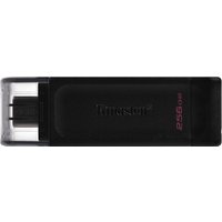 Black Kingston 256GB USB-C flash drive with transparent cap and red text detailing on the side.