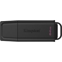 Black Kingston 64GB USB 3.2 Gen 1 flash drive with purple text and a loop for attaching to keychains.
