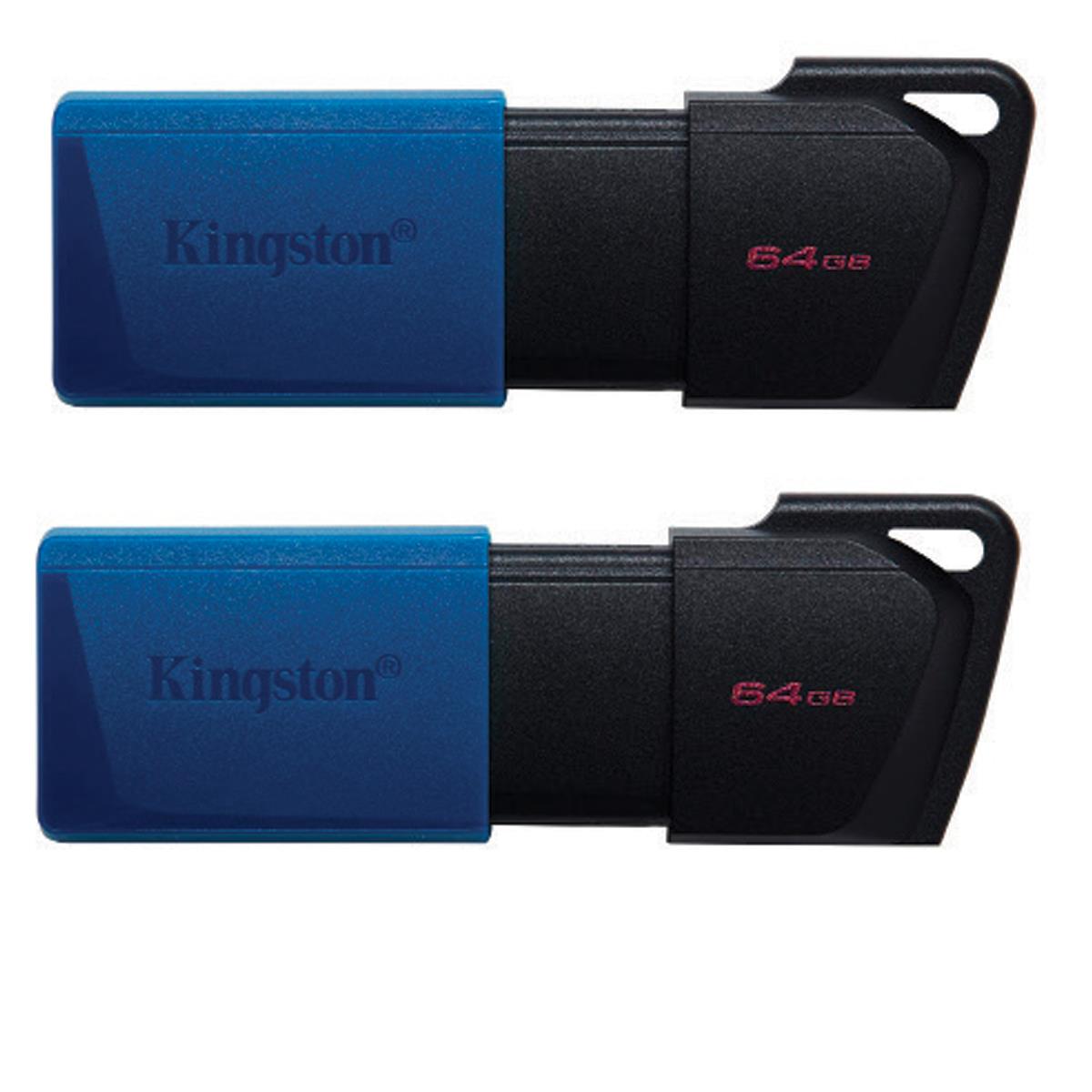 Two Kingston DataTraveler Exodia M USB 3.2 Gen 1 flash drives in a twin pack, featuring a blue plastic casing and black accents, each with a capacity of 64GB.
