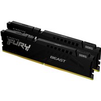 Black Kingston FURY Beast DDR5 memory kit, 64GB, 5200MT/s, CL40, with sleek heat spreaders and bold white branding.