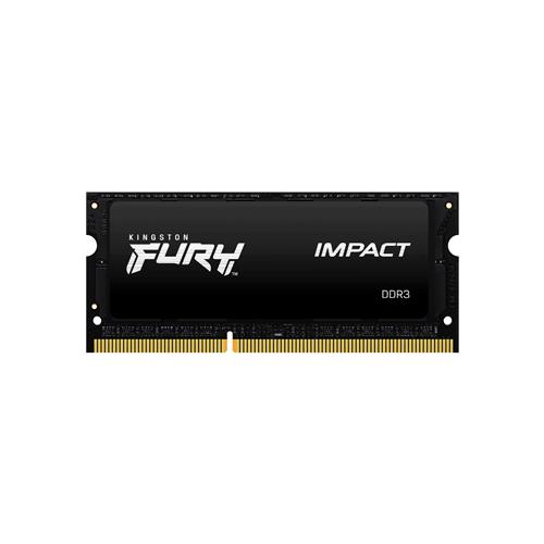 Black RAM module with Kingston FURY branding, featuring gold connectors and labeled as 8GB DDR3L at 1866 MHz, designed for laptops.