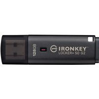 Black Kingston IronKey 128GB USB drive, silver text, red indicator light, and protective cap.