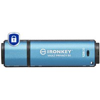 Blue Kingston IronKey 128GB USB drive with lock icon, black end caps, and white text detailing encryption features.