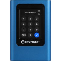 Blue Kingston IronKey 1920GB with touchscreen keypad, black frame, and XTS-AES 256-bit encryption.