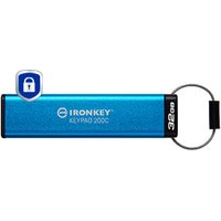Blue Kingston IronKey 32GB USB-C with keypad, FIPS 140-3 Level 3 certification, and secure lock icon.