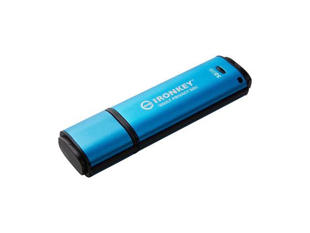 Blue metal USB flash drive with a black end cap, labeled "IronKey Vault Privacy 50," featuring a Type-C connector and 32GB storage capacity, designed for AES encryption.