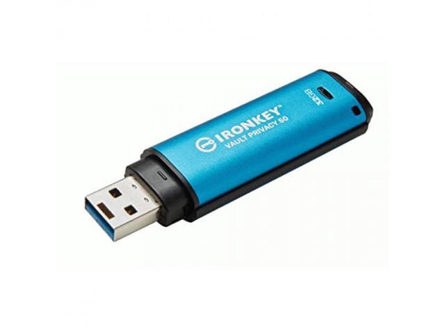 Blue and black Kingston IronKey Vault Privacy 50 Series 32GB USB 3.2 Gen 1 flash drive with a secure design, featuring a USB-A connector and indicator light.