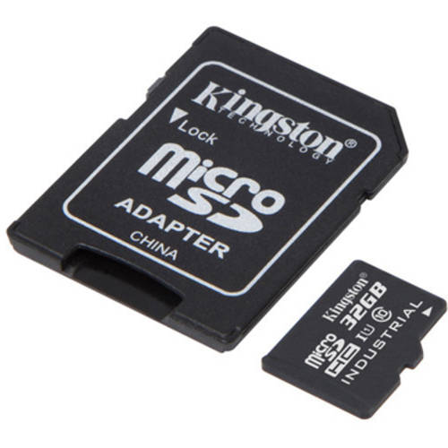 Black Kingston Technology MicroSDHC memory card labeled "32GB" with a UHS-I Class 10 rating, accompanied by a black adapter labeled "MicroSD ADAPTER."