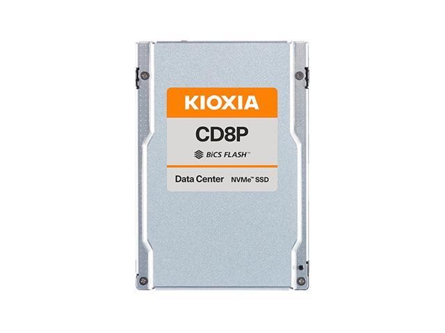Silver metallic SSD with an orange and black KIOXIA logo, labeled "CD8P," featuring a 15.4 TB capacity and designed for data center use.