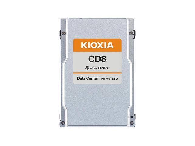 Kioxia CD8-V 12.8 TB SSD in a silver metal casing, featuring an orange and black label with "Kioxia" and "CD8" text, designed for PCI Express 4.0 NVMe storage solutions.