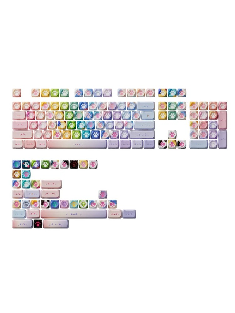 Colorful 142-key keycap set featuring pastel hues and cute cat designs, made of durable plastic, with a glossy finish and a playful aesthetic suitable for mechanical keyboards.