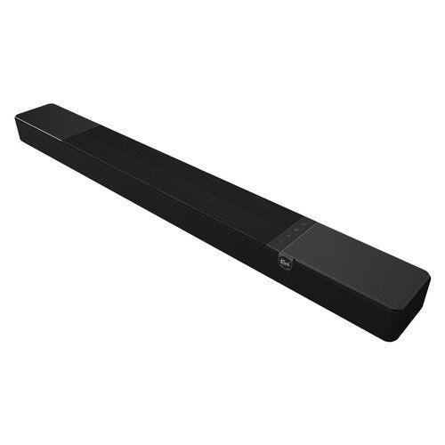 Sleek black soundbar with a minimalist design, featuring touch controls on the top and a compact profile, designed for 3.1.2 channel audio output at 100 watts.
