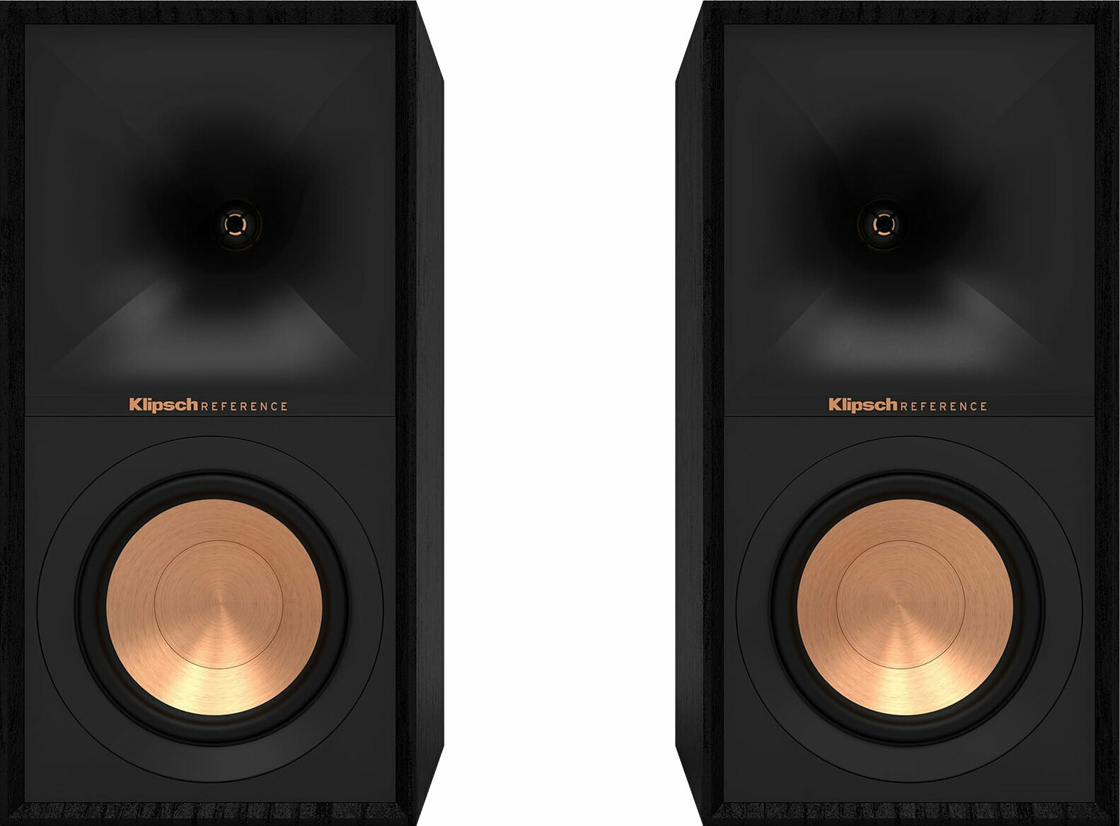 Black Klipsch R-50m Reference bookshelf speakers feature a 5.25" woofer and a horn-loaded tweeter, with a distinctive copper cone and textured finish.