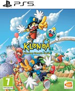 Colorful game cover featuring Klonoa and characters in a vibrant, cartoonish landscape with clouds and hills, labeled "Klonoa Phantasy Reverie Series - PS5" by BANDAI NAMCO.