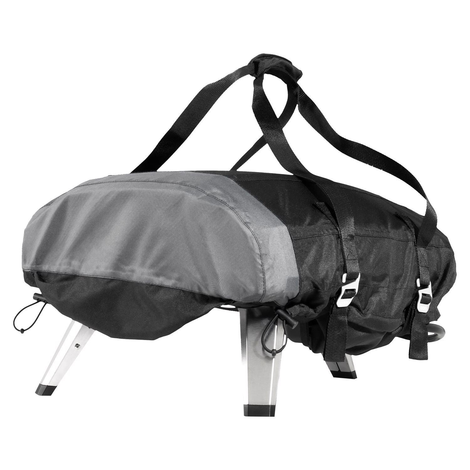 Black and gray protective cover for the Ooni Koda 2 pizza oven, featuring adjustable straps and a durable material, designed to shield the oven from the elements.