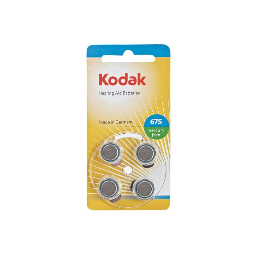 Kodak Hearing Aid 675 zinc-air batteries in a clear plastic packaging, featuring a yellow background, four silver batteries, and a blue label indicating mercury-free.