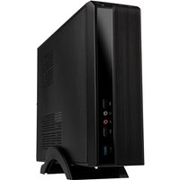 Black Kolink KLM-002 Micro Tower computer case with vertical stand, front panel ports, and sleek design.