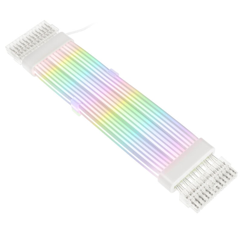 Kolink Umbra Radiant ARGB 24-Pin motherboard extension cable featuring a vibrant rainbow gradient design with white connectors at both ends.