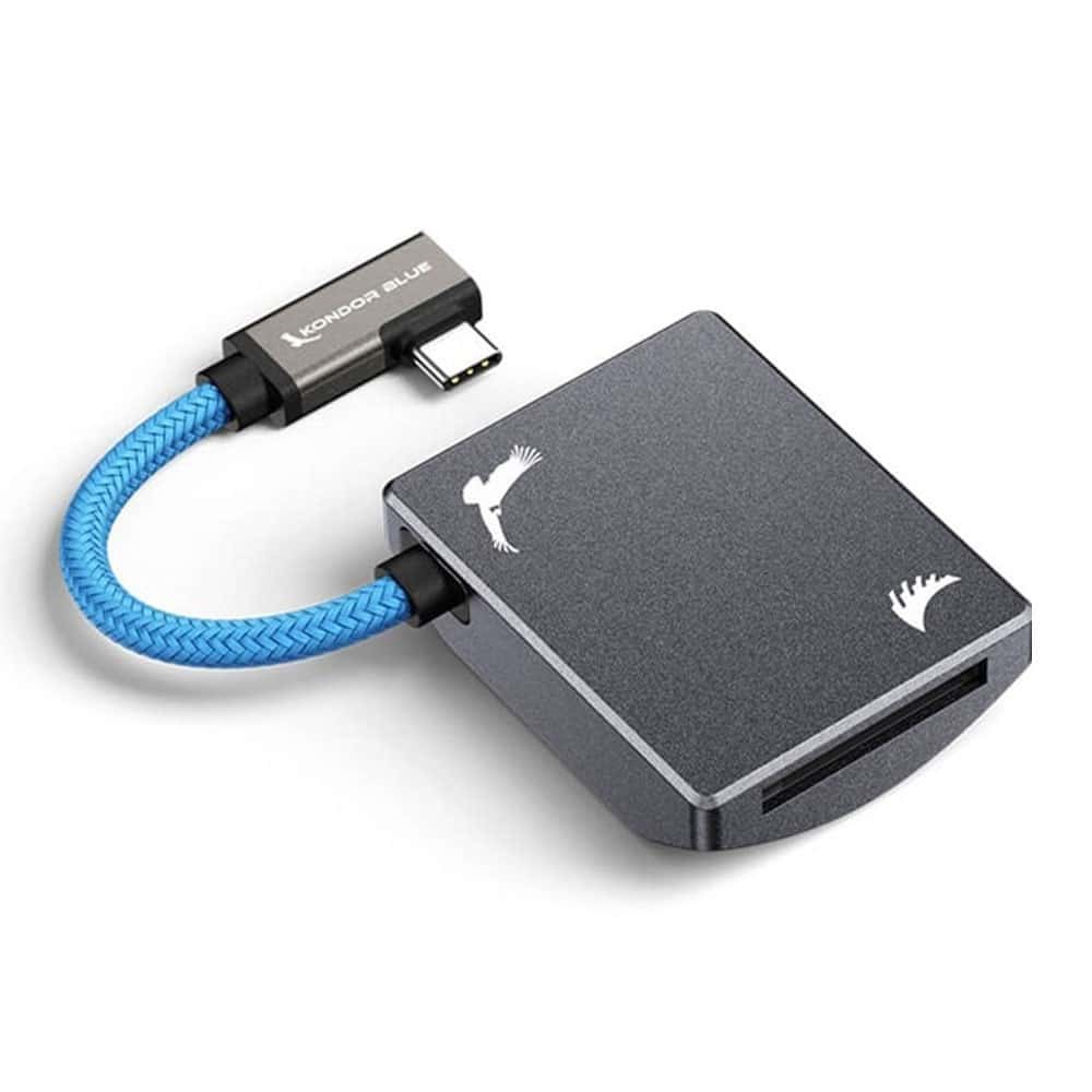 Compact Space Grey CFexpress B Recording Module with a blue braided cable, designed for MagSafe iPhone 15 Pro & Pro Max, featuring a sleek, durable material and logo detailing.