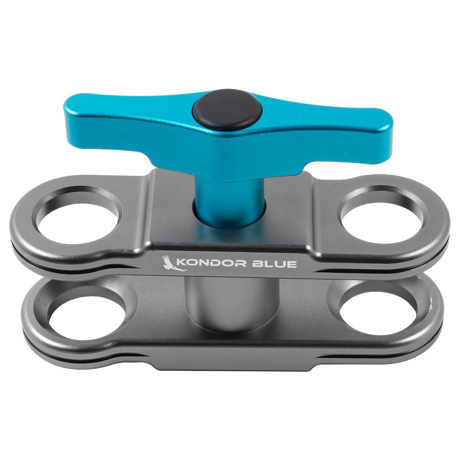 Kondor Blue Cine Magic Arm Center Clamp features a sleek silver metal body with a vibrant turquoise tightening knob and two circular mounting holes for versatile attachment options.