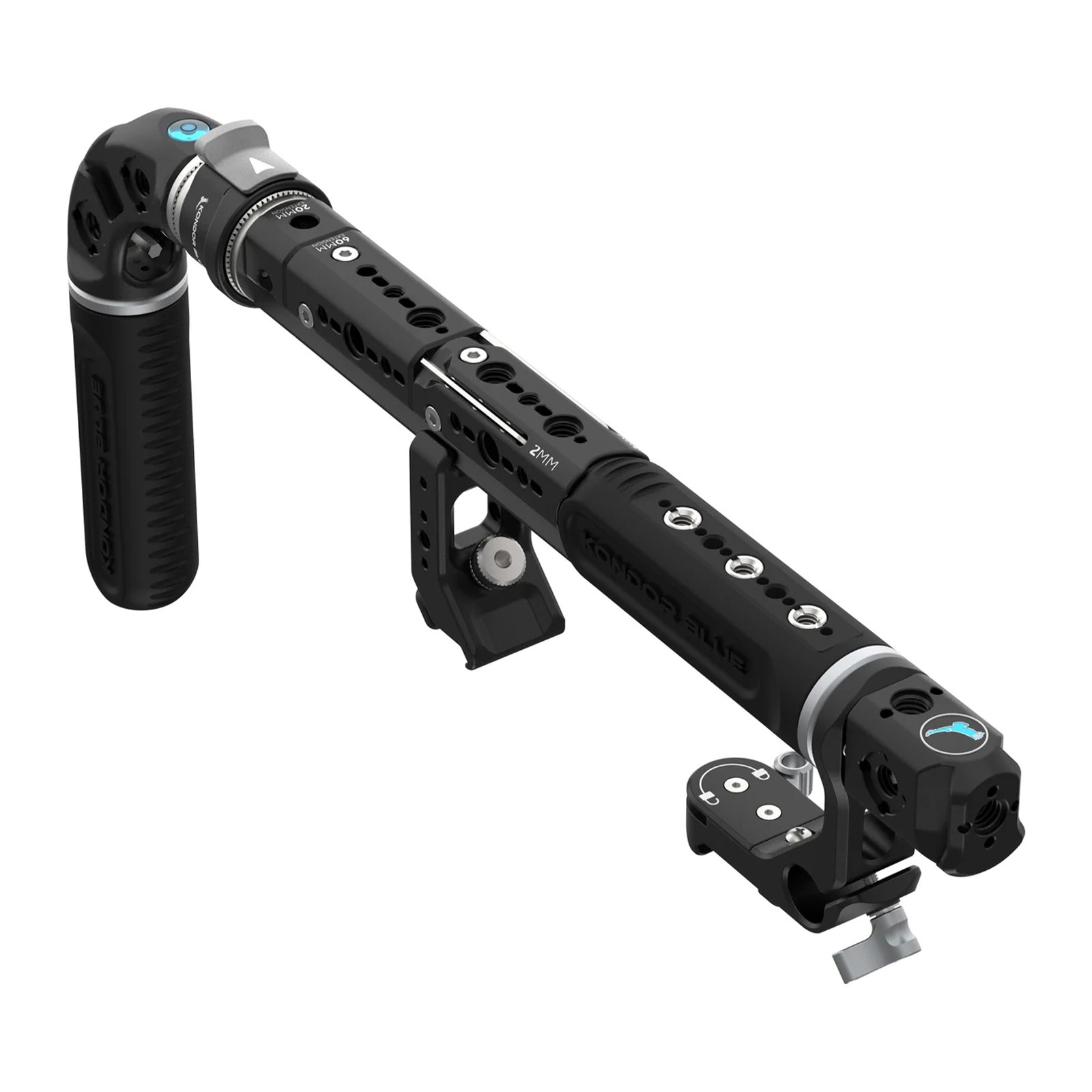 Black aluminum Hollywood handle kit with ergonomic grip, multiple mounting points, and adjustable features for camera stabilization.