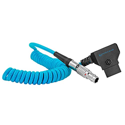 Kondor Blue's 0.9 M D-Tap 2-pin cable features a coiled design with a vibrant blue exterior, a sturdy black connector, and a silver metal housing for durability.