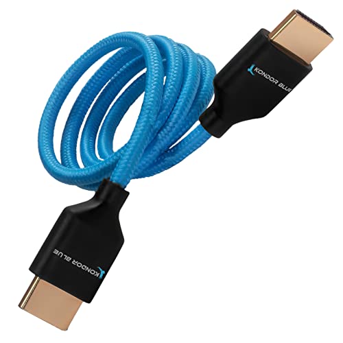 Blue braided HDMI cable measuring 0.6 meters with gold-plated connectors, featuring the Kondor Blue logo on the black ends.