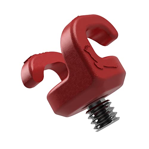 Red metal cable clamp with a unique curved design and a threaded screw base, featuring a textured grip for secure attachment.