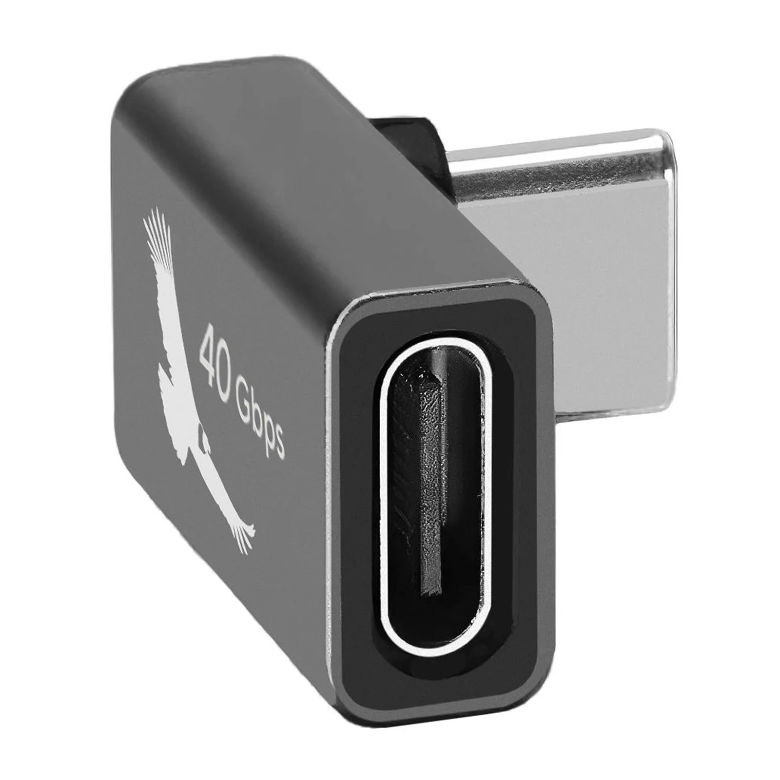 Black USB-C cable gender changer with a sleek design, featuring a silver connector, marked with "40 Gbps" and an eagle graphic on the side.