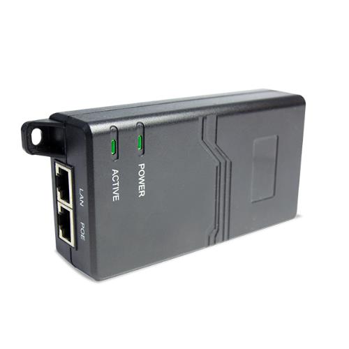 Black PoE adapter with two Ethernet ports labeled LAN and PoE, featuring green LED indicators for power and active status, compact design with a mounting hole.
