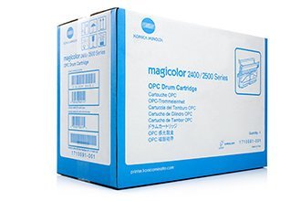 White cardboard box with blue and black text, labeled "Konica Minolta Magicolor 2400/2500 Series OPC Drum Cartridge," featuring a graphic of the drum cartridge and specifications.