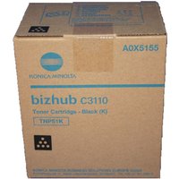 Brown Konica Minolta toner box labeled A0X5155/TNP-51K for bizhub C3110, black, 5K pages, blue and black text.