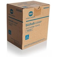 Konica Minolta A0X5454 cyan toner box for Bizhub C31, brown packaging with blue text and logo.