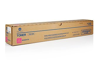 Konica Minolta A11G350/TN-319M toner cartridge in magenta, packaged in a long cardboard box with blue and pink labeling, designed for KM Bizhub printers, yields 26,000 pages.
