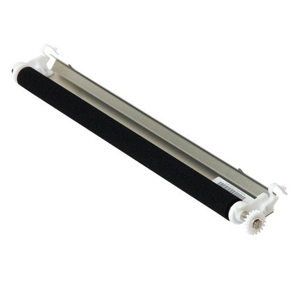 Black transfer roller with a silver metal core and white plastic ends, designed for Konica Minolta Bizhub printers, capable of handling up to 300,000 pages.