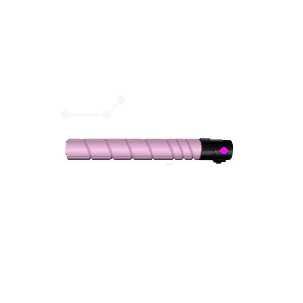 Magenta toner cartridge with a twisted design, featuring a black end cap and a small colored dot, labeled for Konica Minolta printers, capable of printing 25,000 pages at 5% coverage.