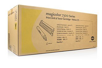 Yellow toner cartridge box for Konica Minolta TN-711Y, featuring the brand logo, product name, and specifications, with a predominantly beige background and yellow accents.